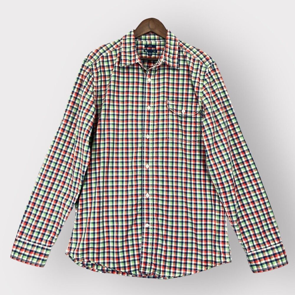 Gap Factory Button Up Shirt Men L Multicolor Plaid Roll Tab Long Sleeve Slim W39